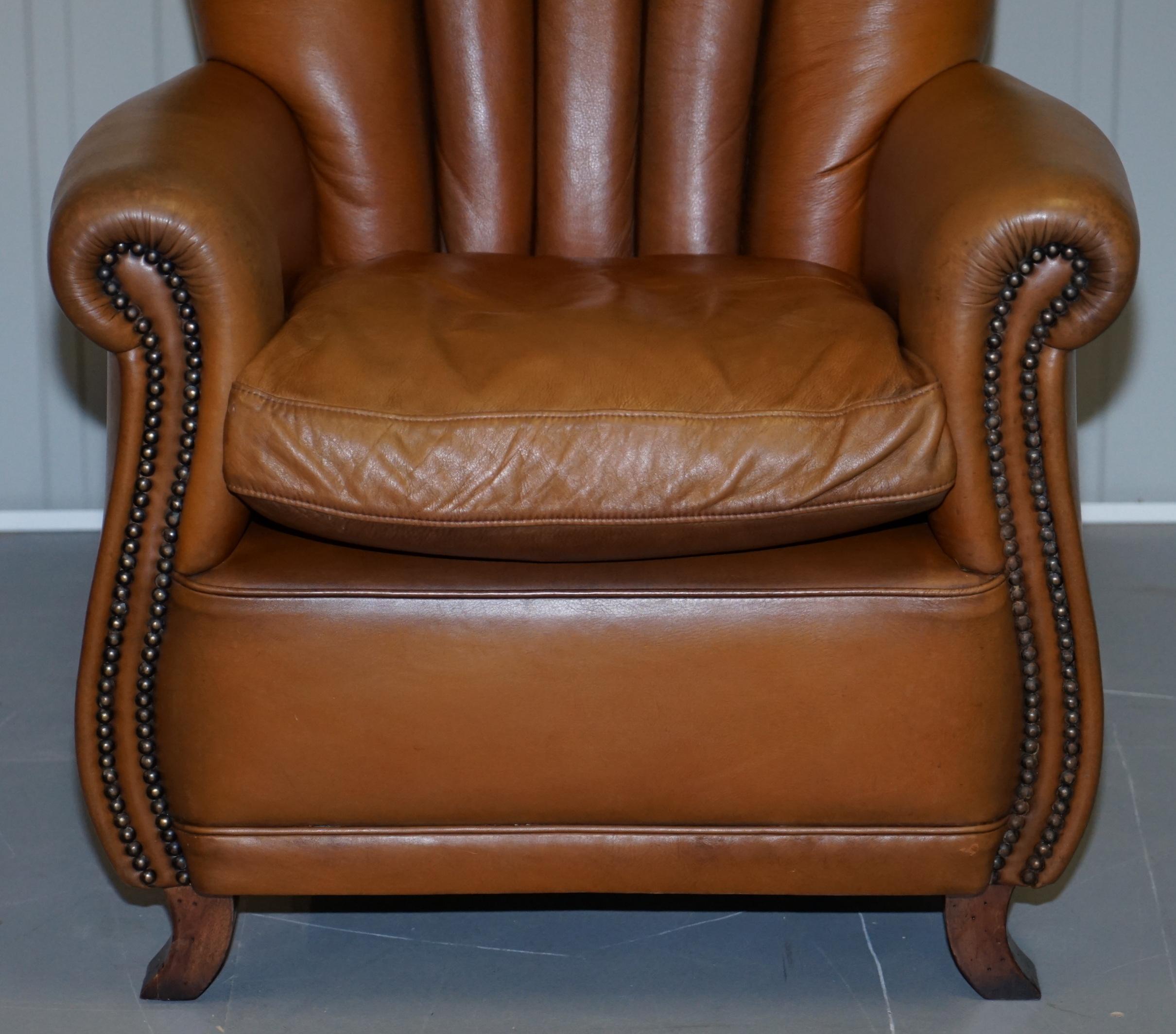 Lovely Pair of Tan Brown Leather Tetra Ella Armchairs with Art Deco Fluted Backs 1