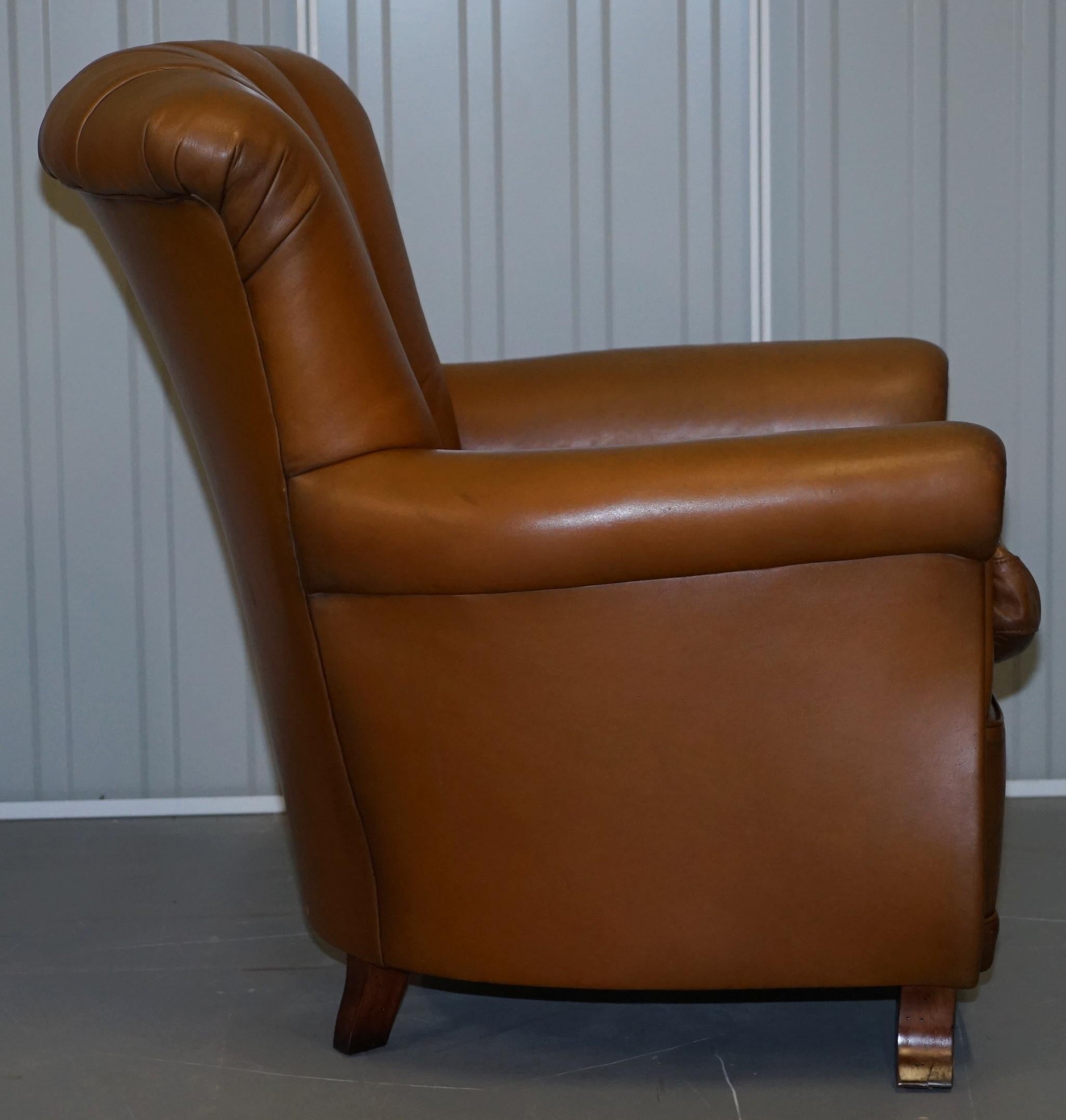 Lovely Pair of Tan Brown Leather Tetra Ella Armchairs with Art Deco Fluted Backs 3