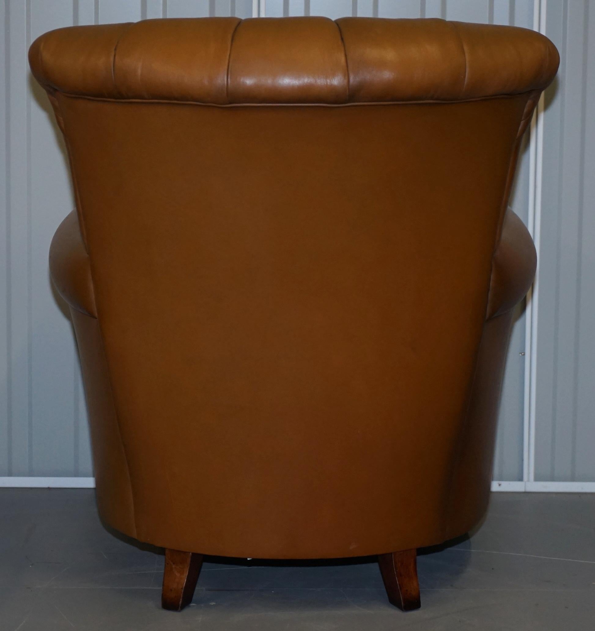 Lovely Pair of Tan Brown Leather Tetra Ella Armchairs with Art Deco Fluted Backs 4