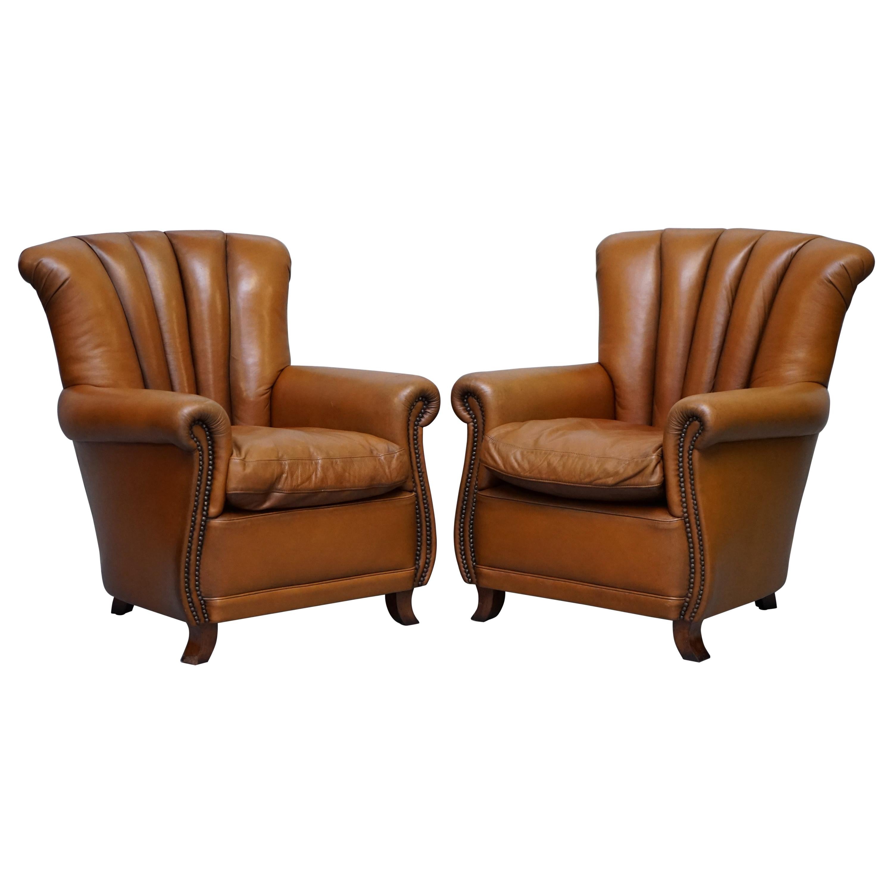 Lovely Pair of Tan Brown Leather Tetra Ella Armchairs with Art Deco Fluted Backs