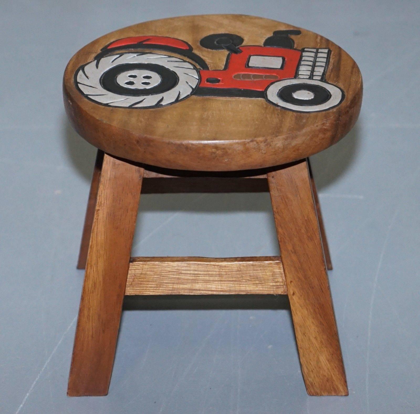 Modern Lovely Pair of Toddlers Children's Solid Wood Stools with Little Tractors on