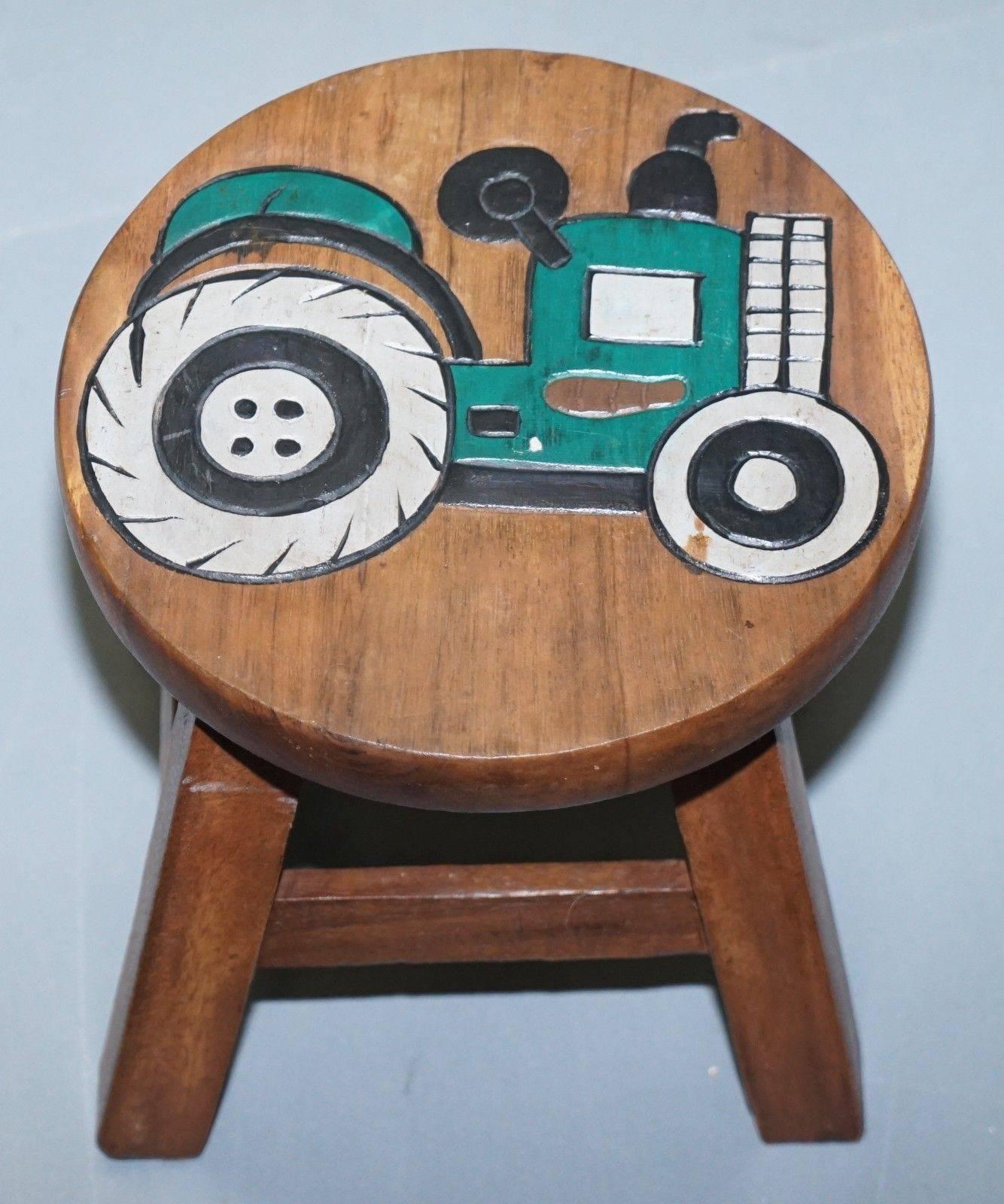 Contemporary Lovely Pair of Toddlers Children's Solid Wood Stools with Little Tractors on