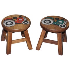 Lovely Pair of Toddlers Children
s Solid Wood Stools with Little Tractors on