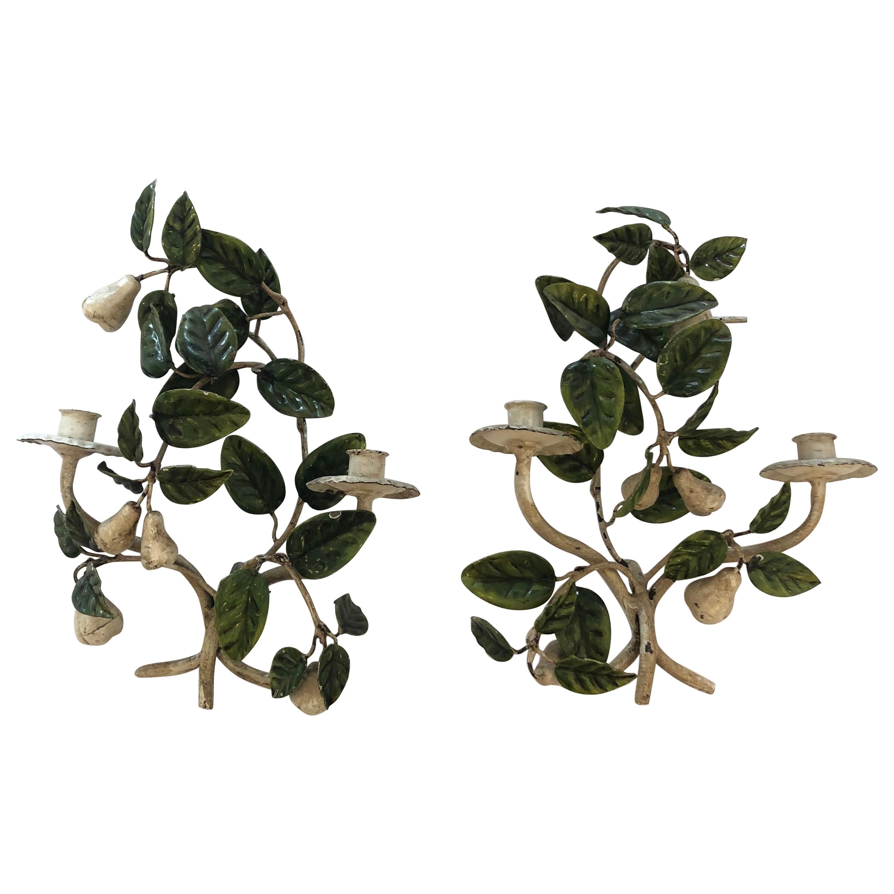 Lovely Pair of Tole and Iron Painted Pear and Leafy Wall Sconces