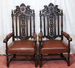 Lovely Pair Of Two Victorian Oak Armchairs In Jacobean Style