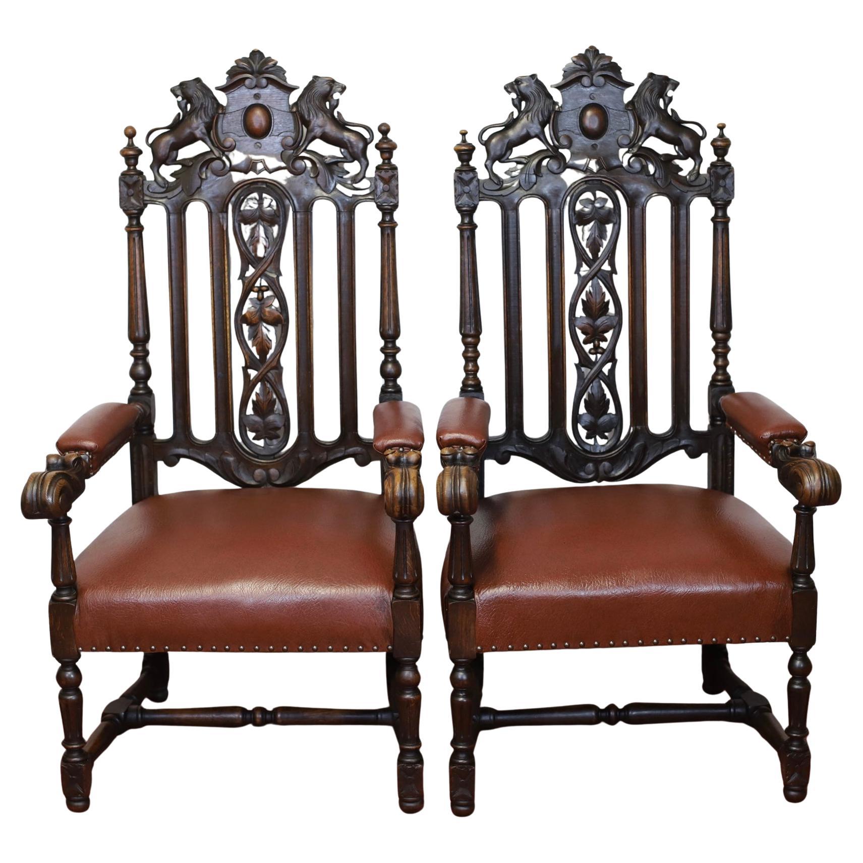Lovely Pair Of Two Victorian Oak Armchairs In Jacobean Style