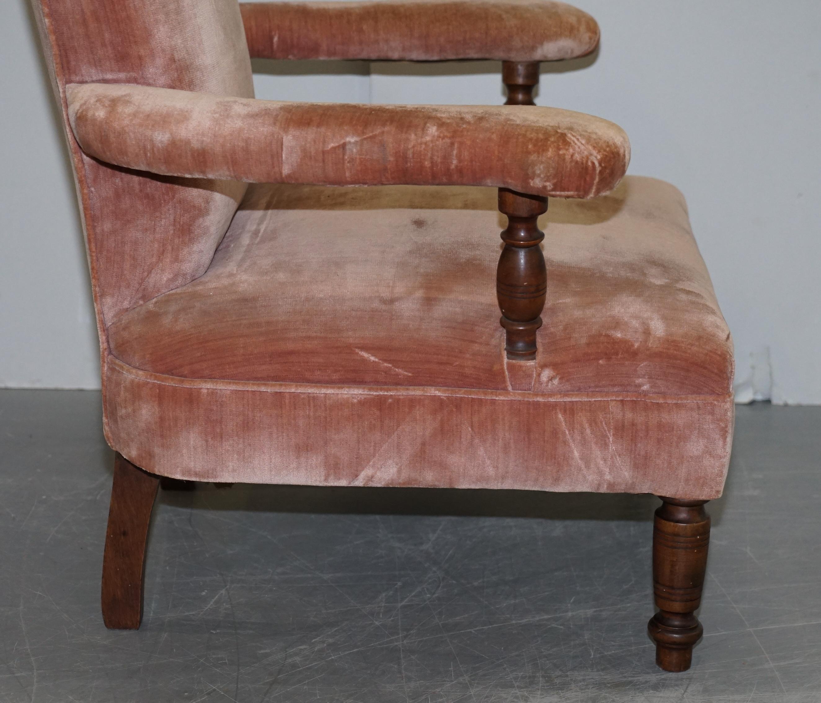 Lovely Pair of Victorian Boudoir Armchairs with Salmon Pink Velour Upholstery For Sale 5