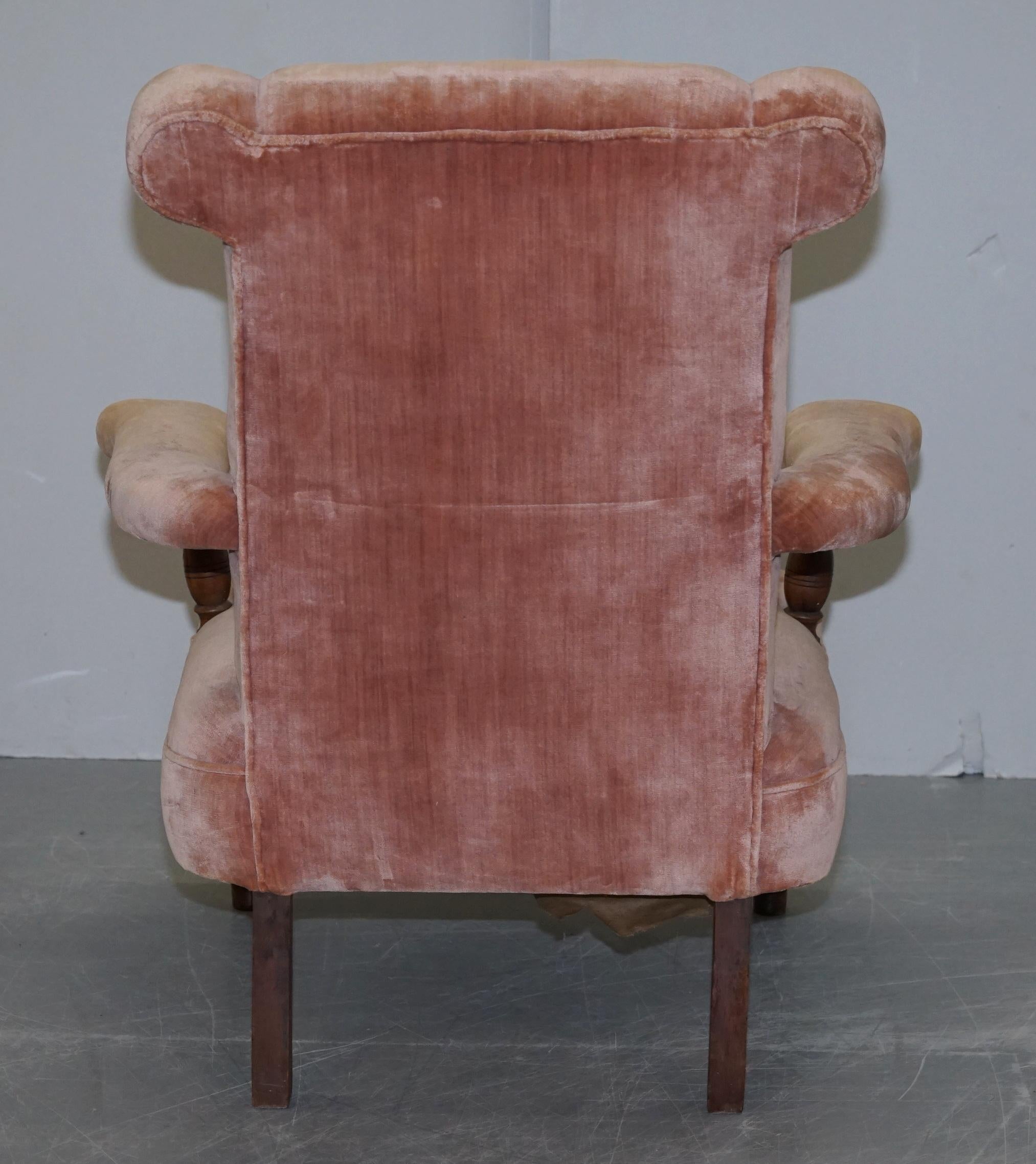 Lovely Pair of Victorian Boudoir Armchairs with Salmon Pink Velour Upholstery For Sale 6