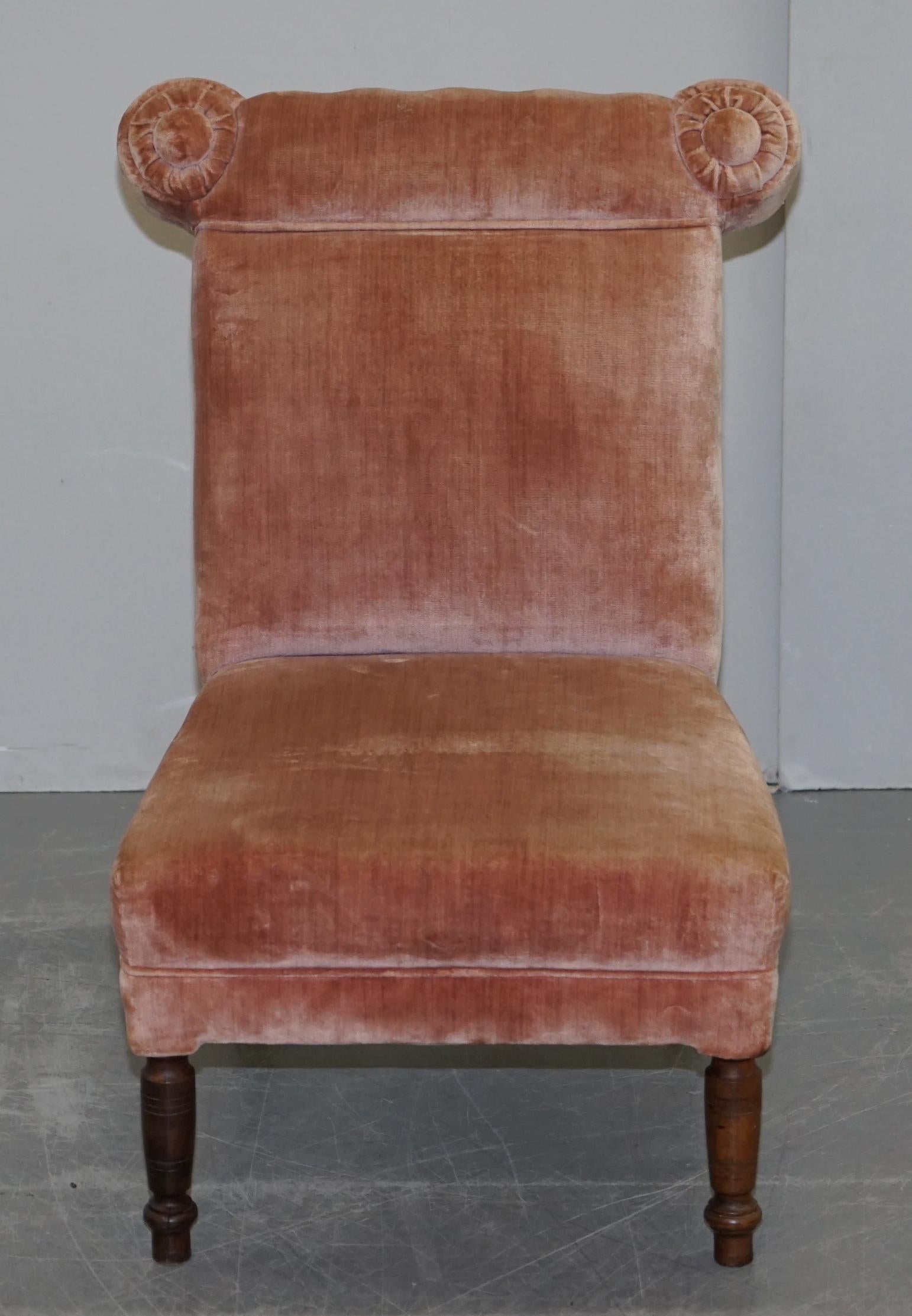 Lovely Pair of Victorian Boudoir Armchairs with Salmon Pink Velour Upholstery For Sale 8