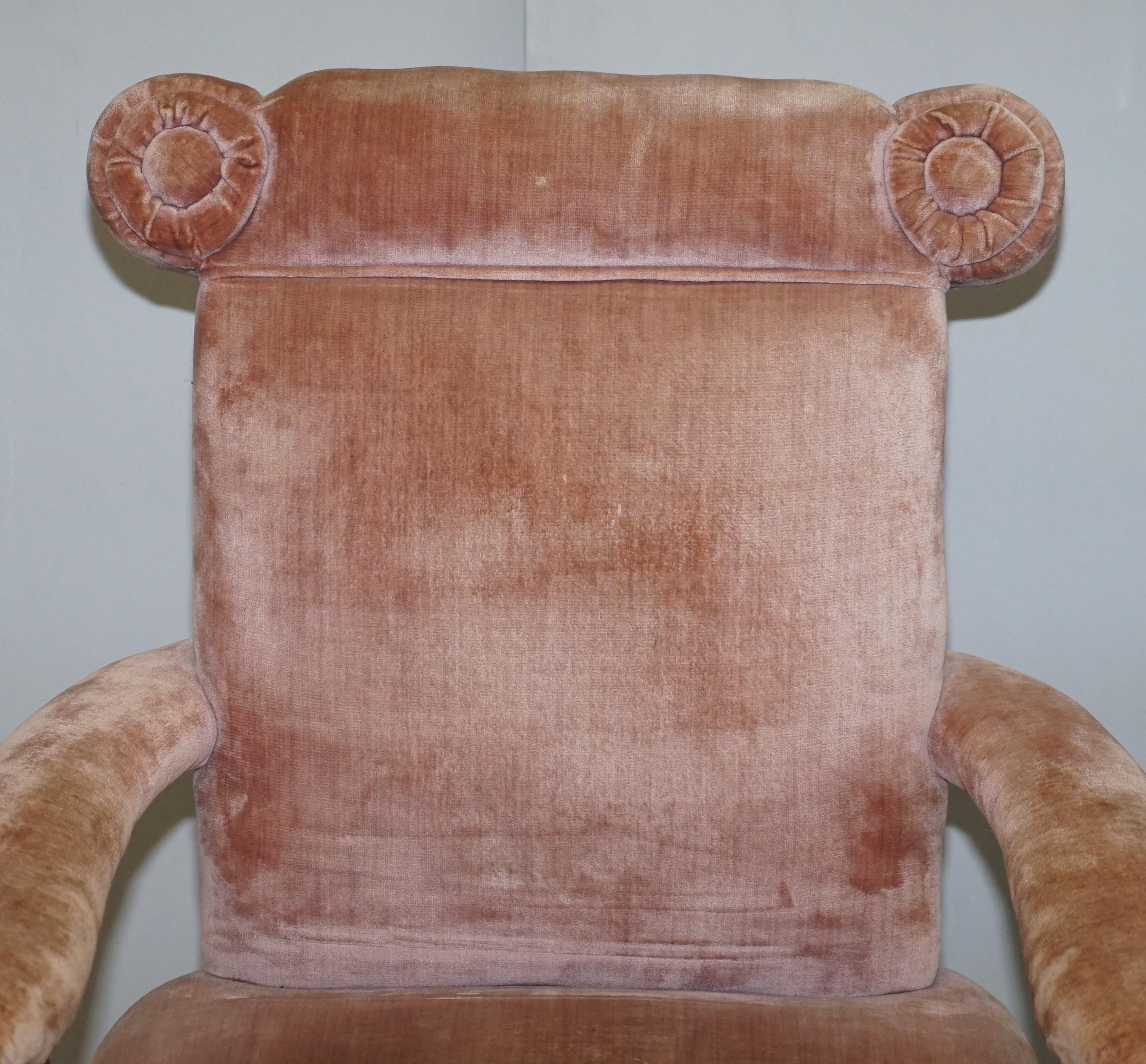 Hand-Crafted Lovely Pair of Victorian Boudoir Armchairs with Salmon Pink Velour Upholstery For Sale
