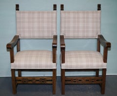 LOVELY PAIR OF VICTORIAN NEWLY UPHOLSTERED CARVER ARMCHAIRS CARVED WOOD DETAiL