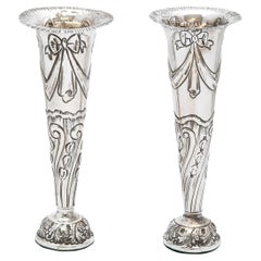 Antique Lovely Pair of Victorian Sterling Silver Bud Vases By Goldsmiths & Silversmiths