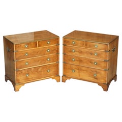 Lovely Pair of Vintage Burr Yew Wood & Brass Military Campaign Chest of Drawers