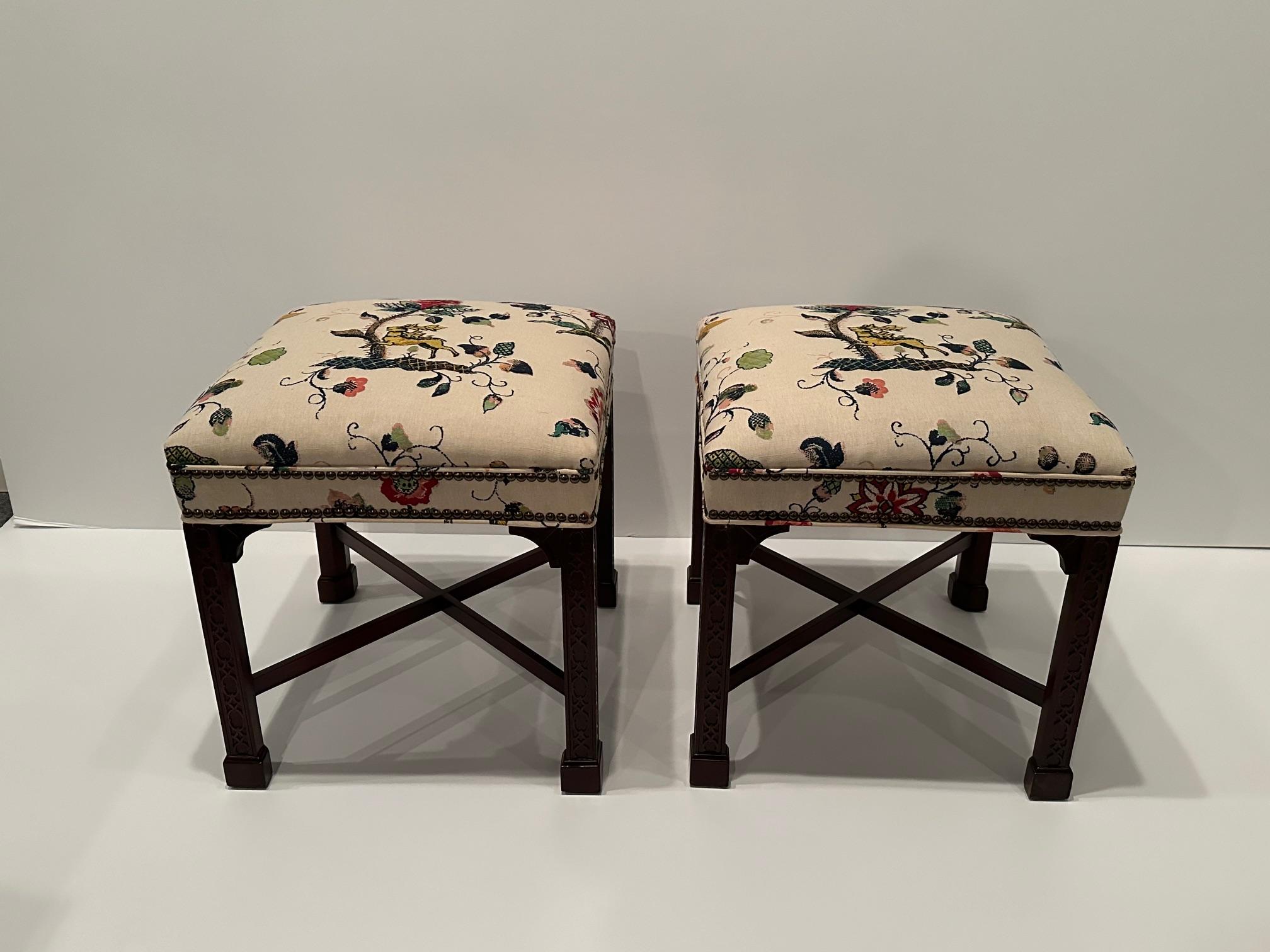 Upholstery Lovely Pair of Vintage Chinese Chippendale Style Benches Upholstered in Lee Jofa For Sale