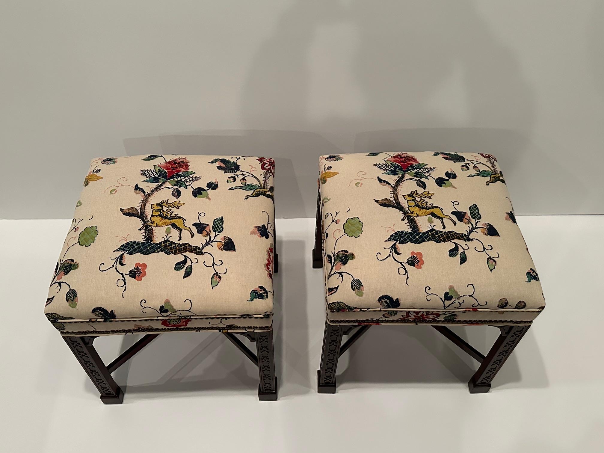 Lovely Pair of Vintage Chinese Chippendale Style Benches Upholstered in Lee Jofa For Sale 1