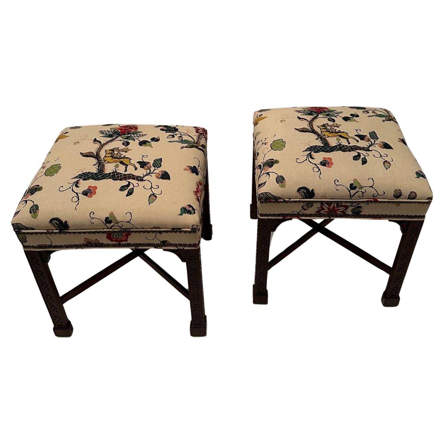 Lovely Pair of Vintage Chinese Chippendale Style Benches Upholstered in Lee Jofa For Sale