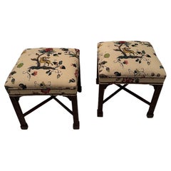 Lovely Pair of Retro Chinese Chippendale Style Benches Upholstered in Lee Jofa