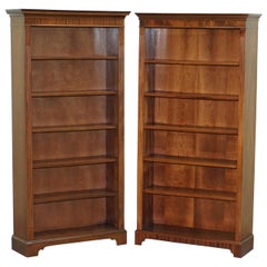 Lovely Pair of Vintage Flamed Hardwood Library Bookcases Height Adjustable Shelf