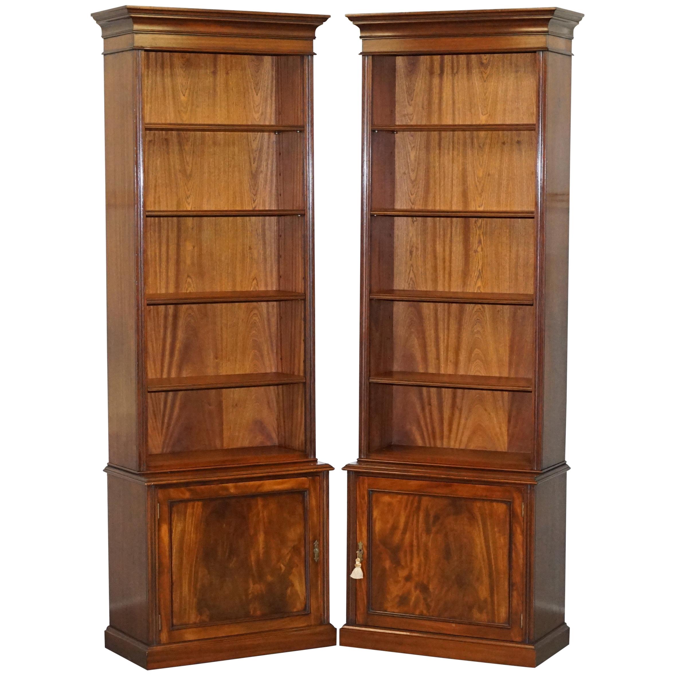 Lovely Pair of Vintage Flamed Mahogany Library Bookcases with Cupboard Bases