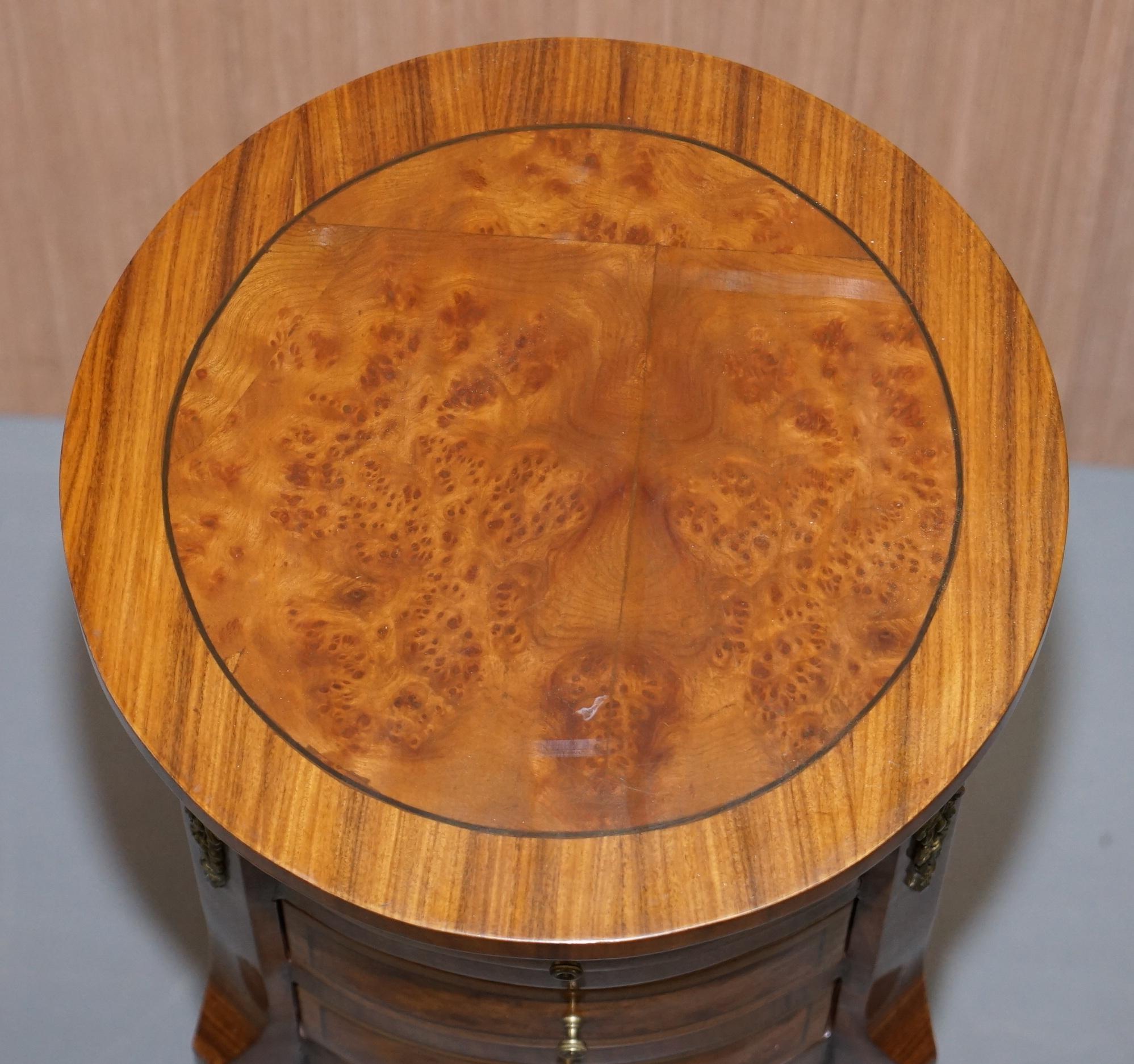 Hand-Crafted Lovely Pair of Vintage French Burr Walnut Ormolu Mounted Side Tables Drawers