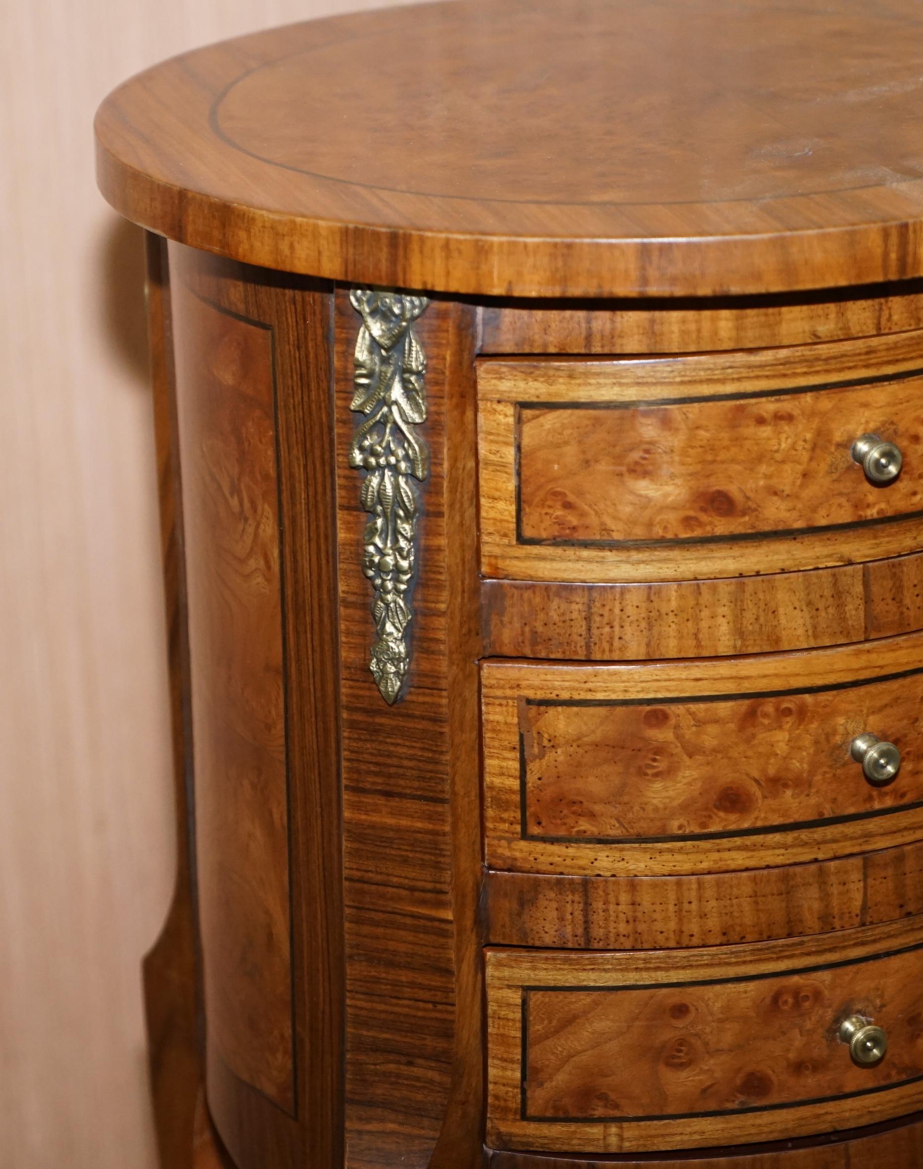 Lovely Pair of Vintage French Burr Walnut Ormolu Mounted Side Tables Drawers 4