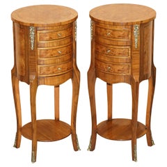 Lovely Pair of Vintage French Burr Walnut Ormolu Mounted Side Tables Drawers