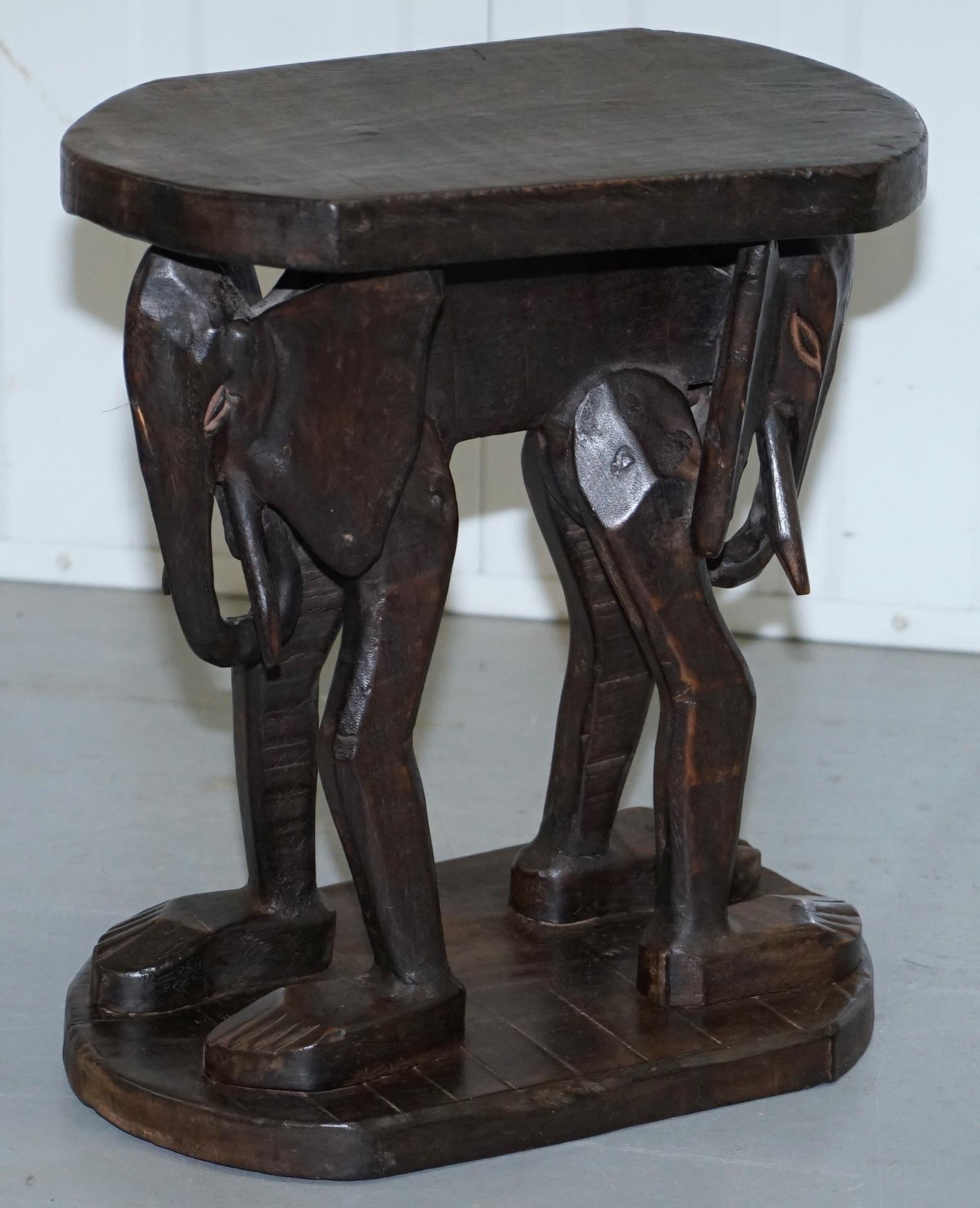 Lovely Pair of Vintage Hand Carved Solid Wood Safari Tables Depicting Elephants 6