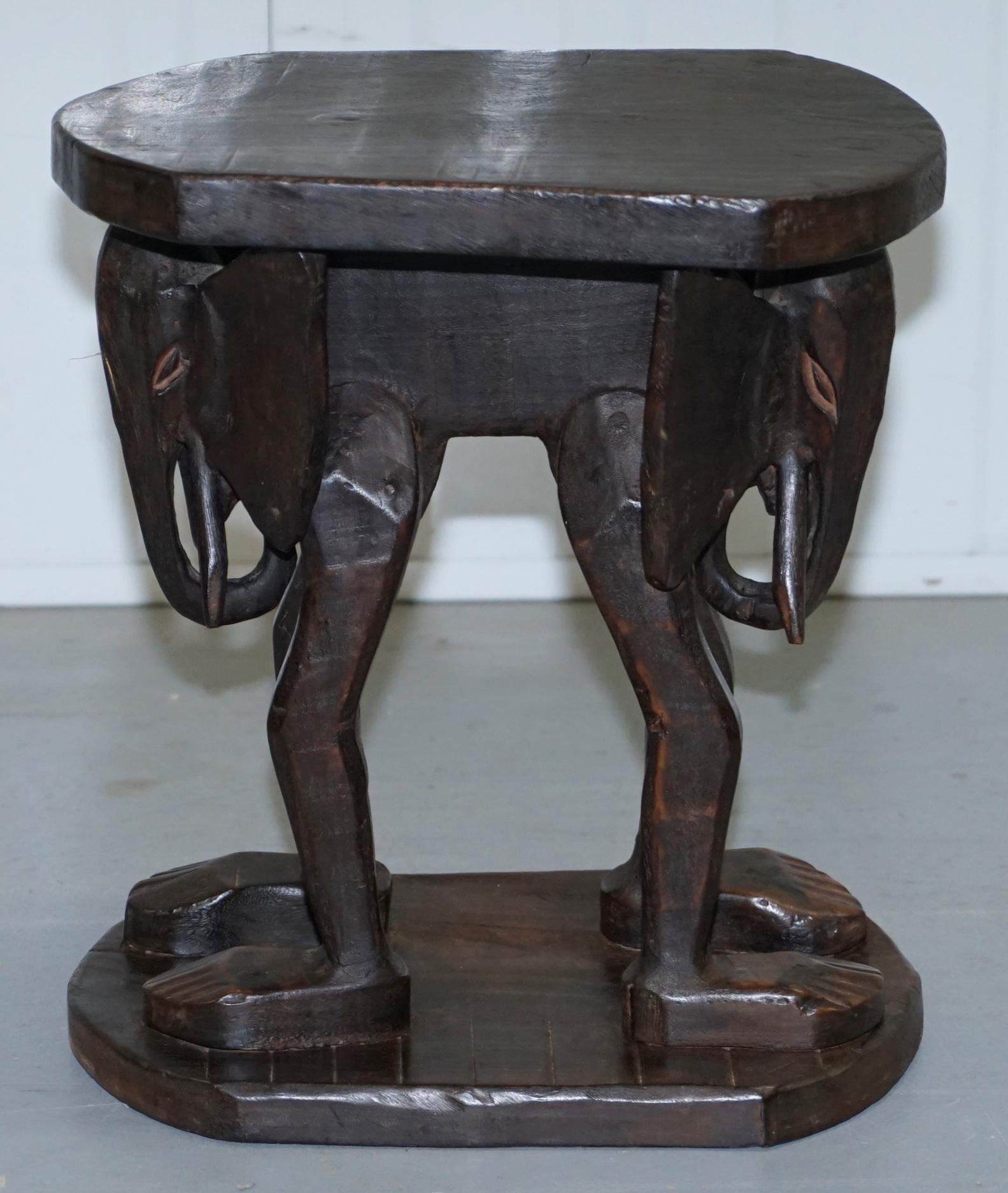 Lovely Pair of Vintage Hand Carved Solid Wood Safari Tables Depicting Elephants 13