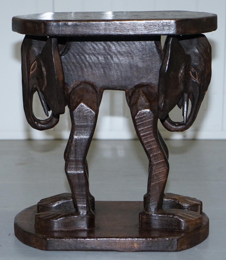 Lovely Pair of Vintage Hand Carved Solid Wood Safari Tables Depicting