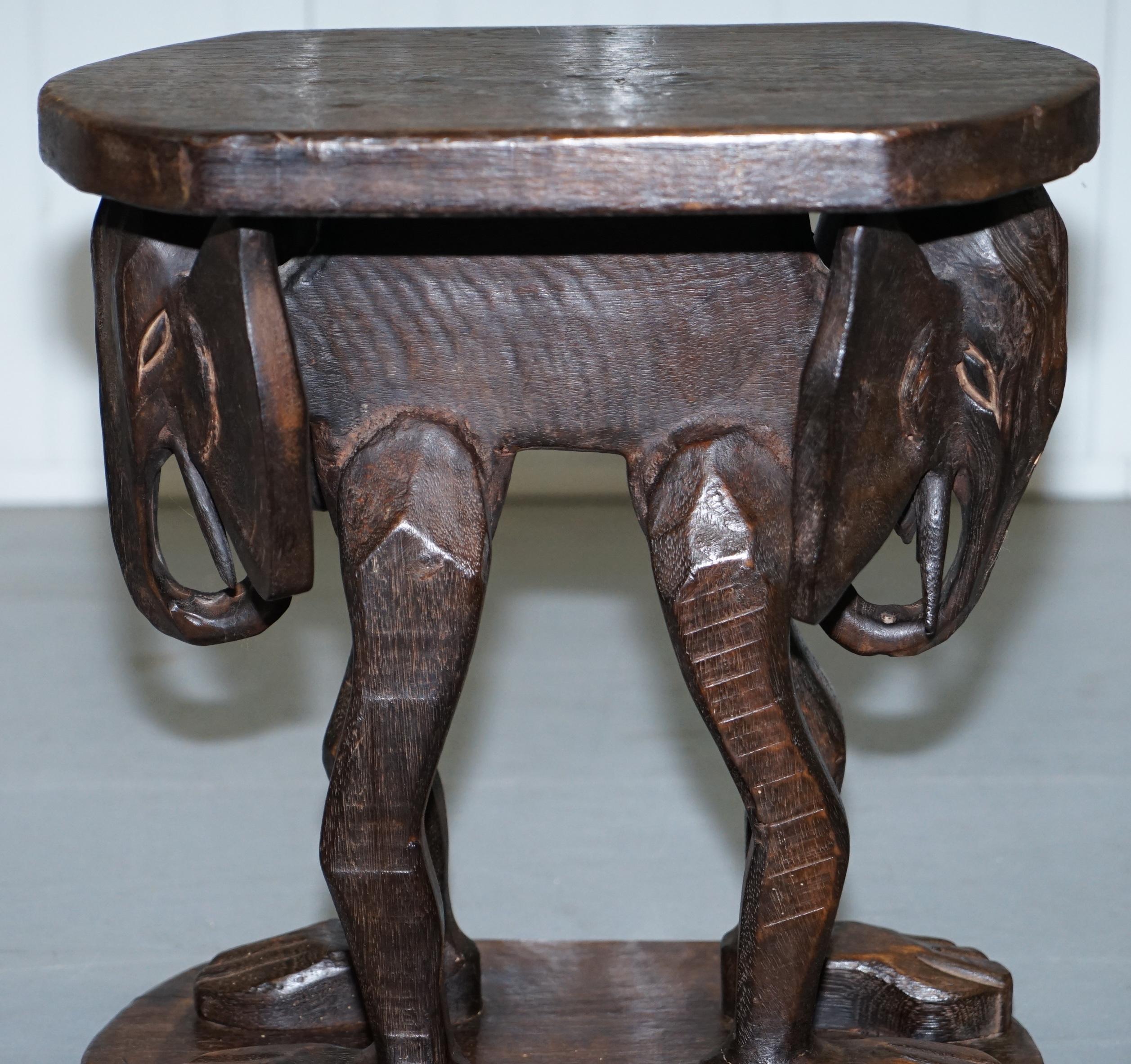 Lovely Pair of Vintage Hand Carved Solid Wood Safari Tables Depicting Elephants 3