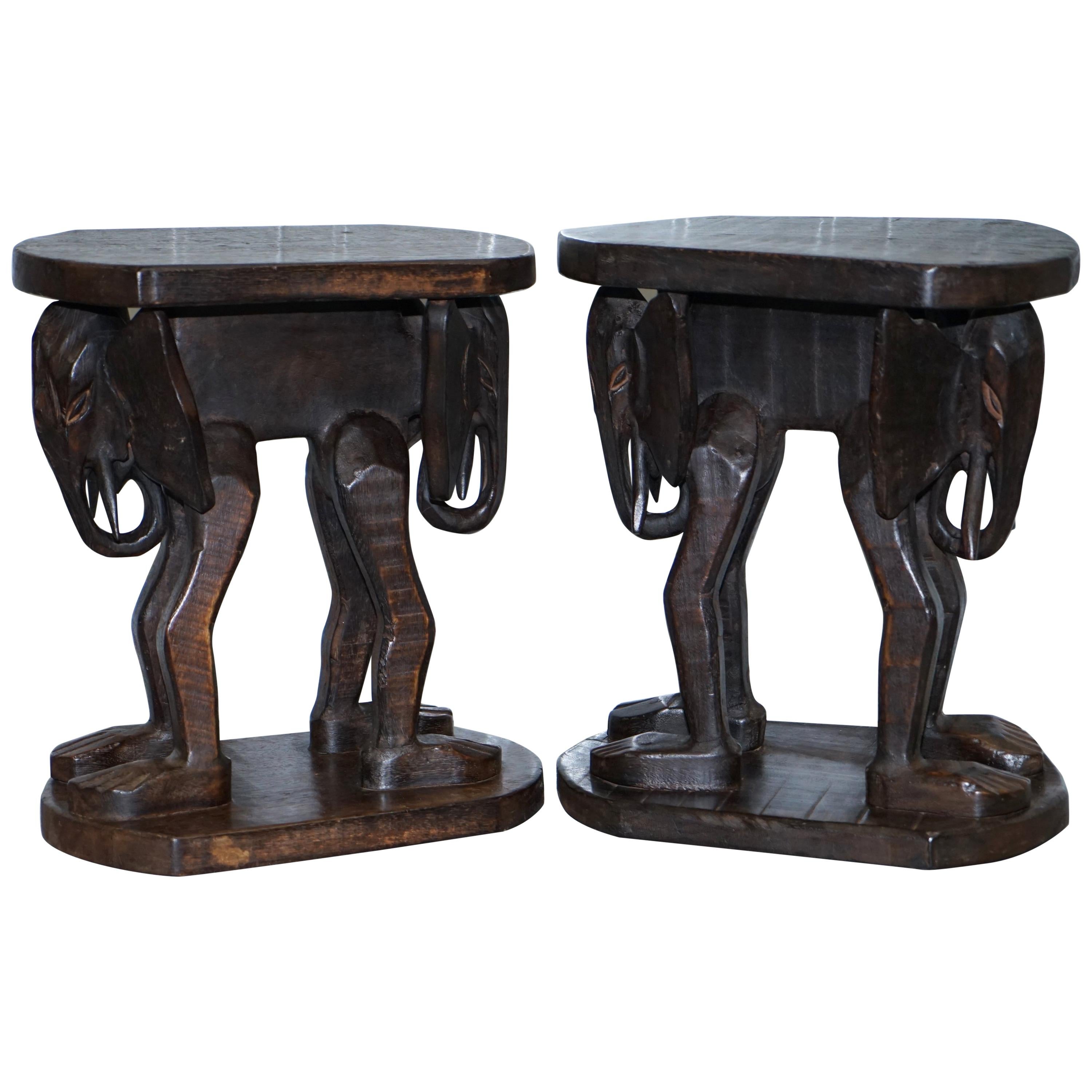 Lovely Pair of Vintage Hand Carved Solid Wood Safari Tables Depicting Elephants