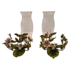 Lovely Pair of Vintage Italian Painted Tole & Glass Candle Hurricanes