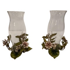Lovely Pair of Vintage Italian Painted Tole & Glass Candle Hurricanes