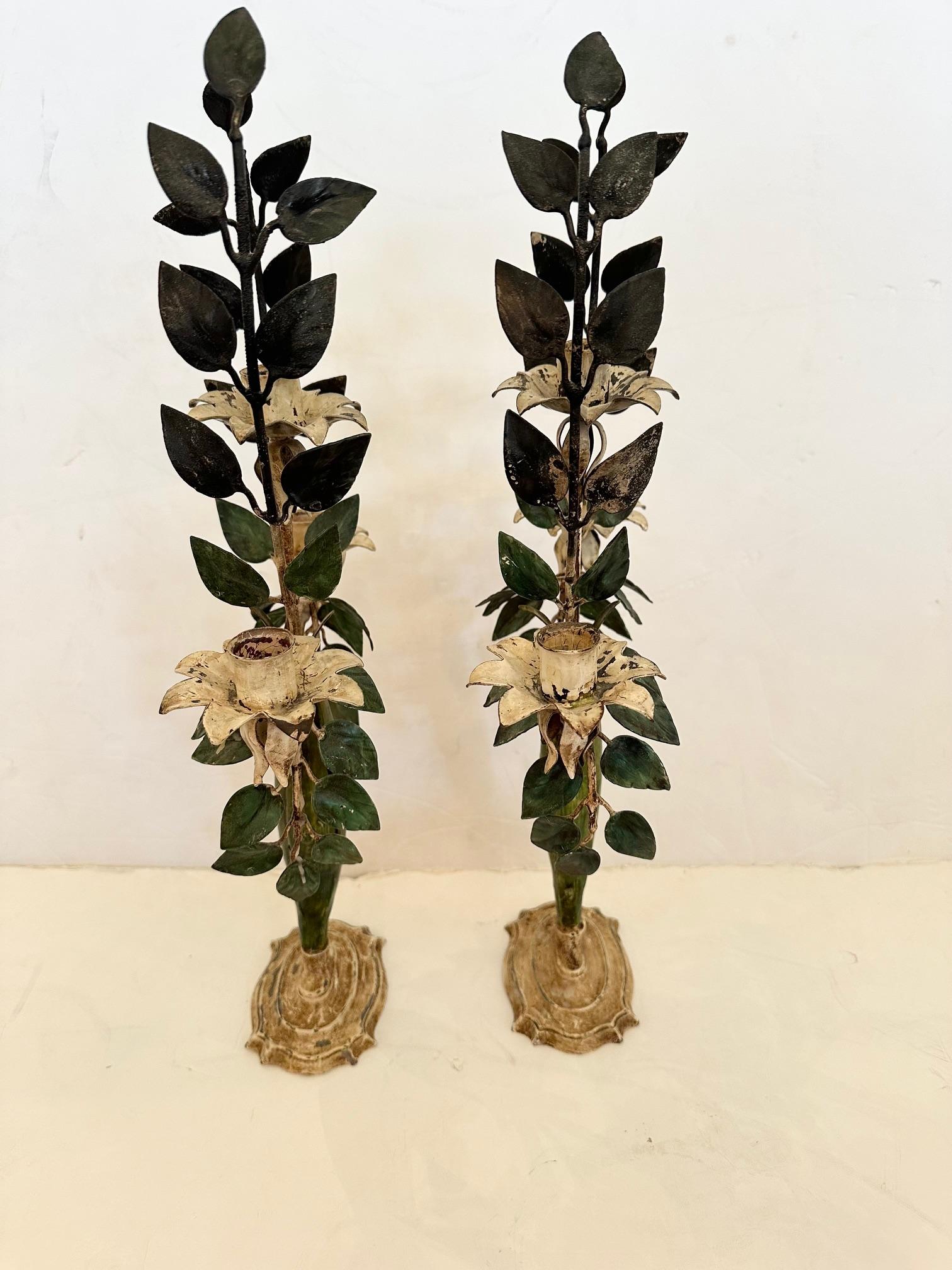 Metal Lovely Pair of Vintage Painted Tole Candlesticks For Sale