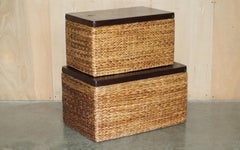 LOVELY PAIR OF VINTAGE WICKER LINEN STORAGE TRUNKS SEATS WITH SOLID WOOD TOPs
