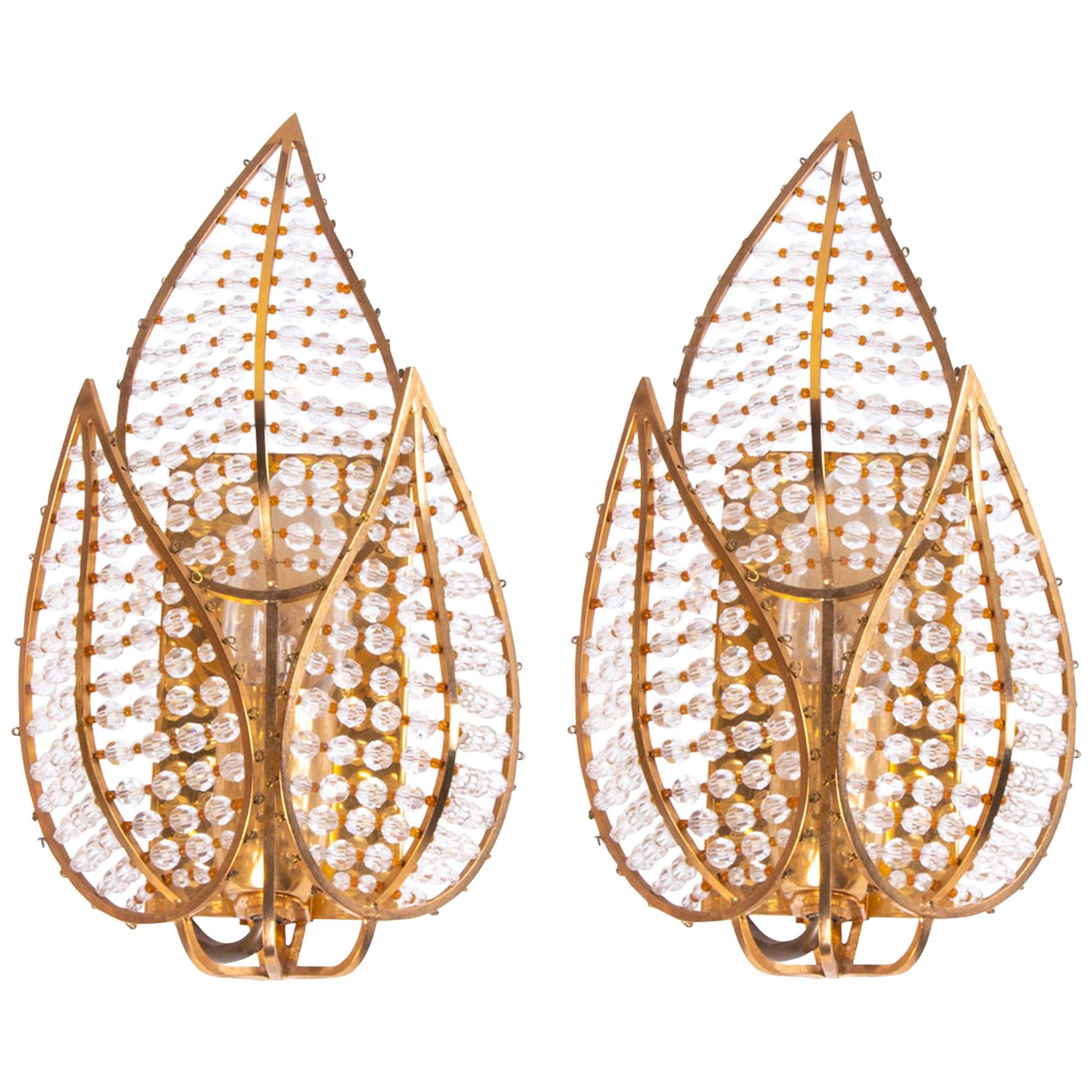 1960 Germany Palwa Lovely Wall Sconce Crystal & Gilt-Brass, Set of 2 For Sale