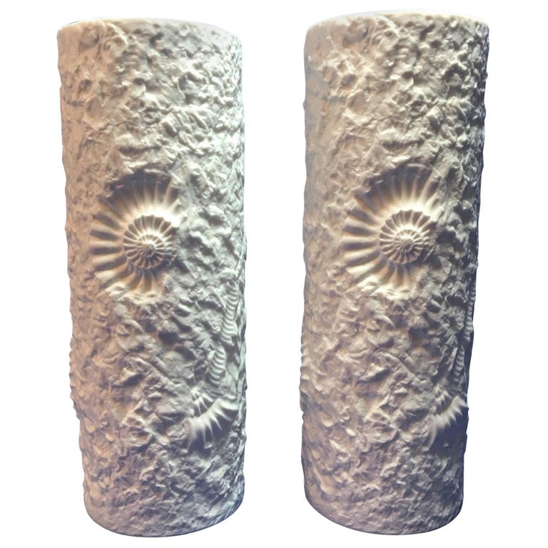 Lovely Pair Of White Matte Fossil Rock Vases By Kaiser Of Germany
