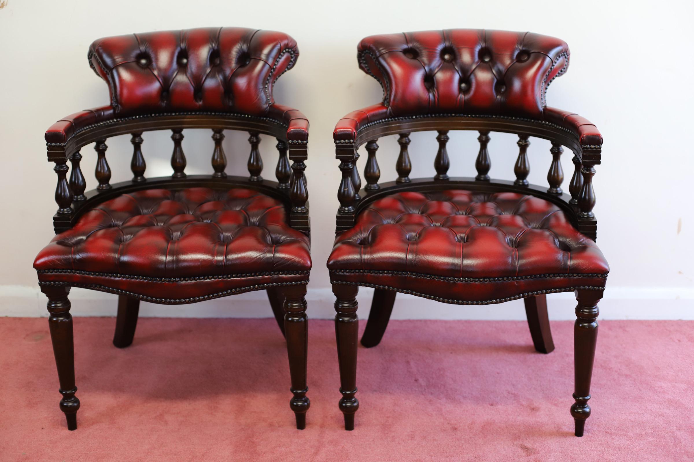 delight to offer for sale this pair of Antique Vicorian style red leather desk chair on a polished wood frame, in excellent condition & dating from around the 1960’s period. This type of chair is very comfortable with the curved back & practicable