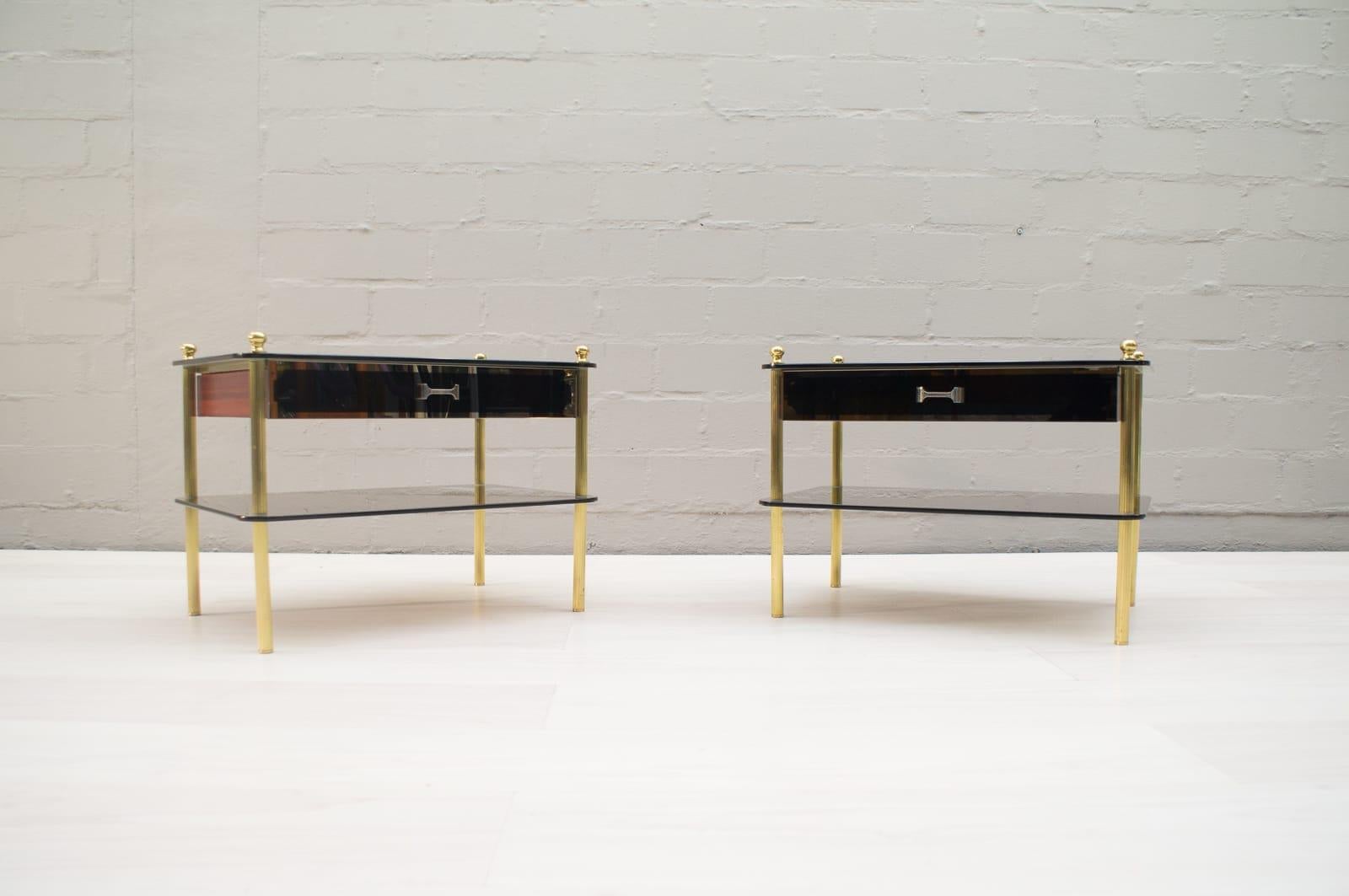 Mid-Century Modern Lovely Pair Smoked Glass and Brass Night Stands, Germany, 1970s