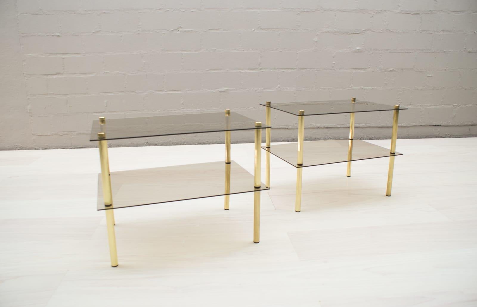 Mid-Century Modern Lovely Pair Smoked Glass and Brass Side Tables, Germany, 1970s