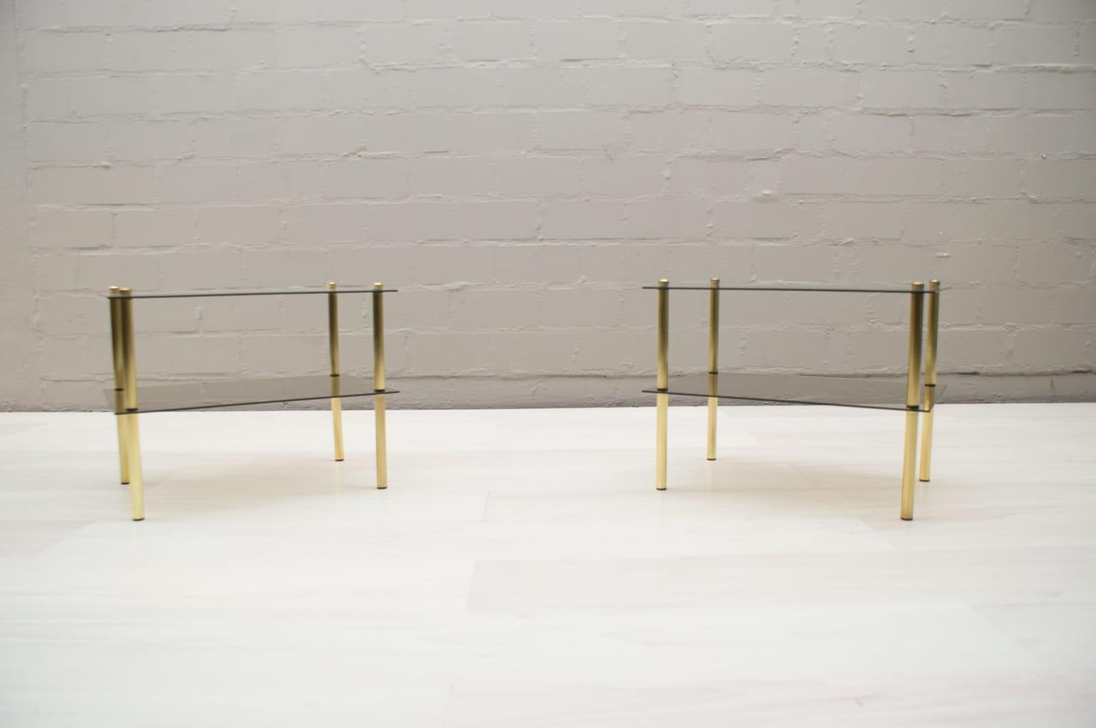 Lovely Pair Smoked Glass and Brass Side Tables, Germany, 1970s In Good Condition In Nürnberg, Bayern