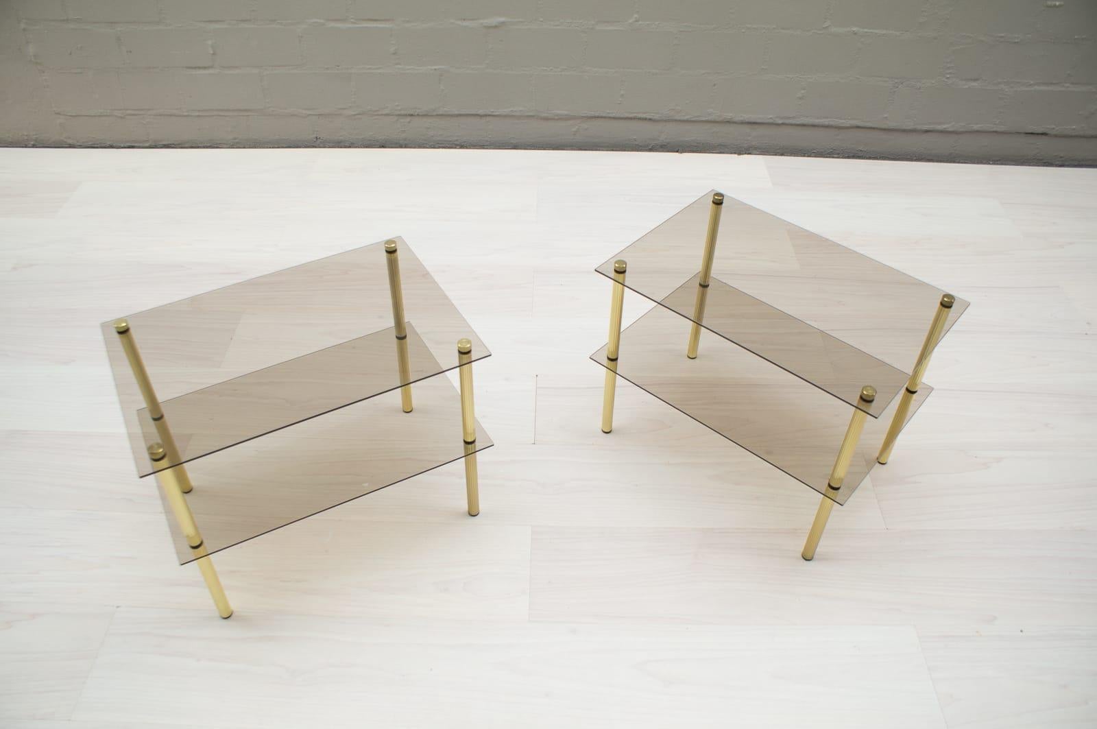 Mid-20th Century Lovely Pair Smoked Glass and Brass Side Tables, Germany, 1970s