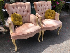 Lovely Pair Tufted French Provincial Style Upholstered Arm Chairs Hollywood