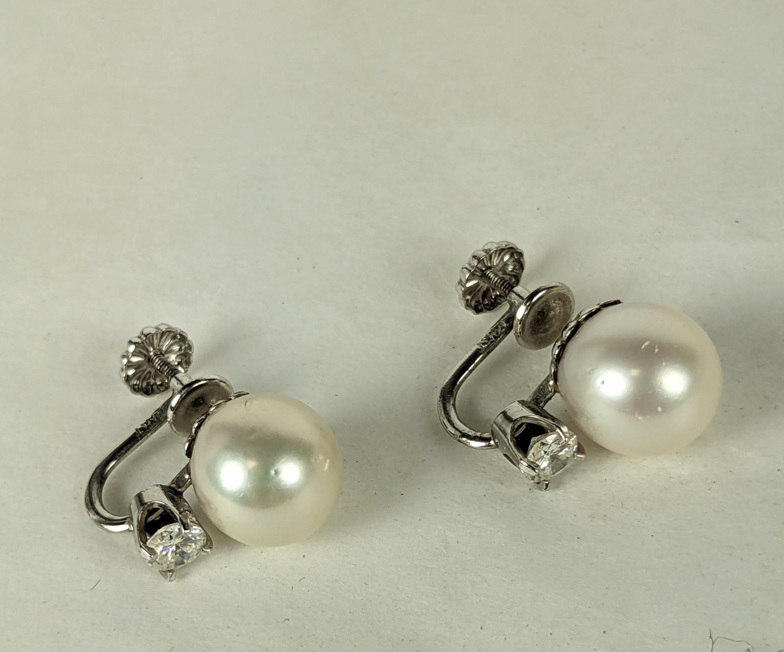 Round Cut Lovely Pearl and Diamond Earrings For Sale