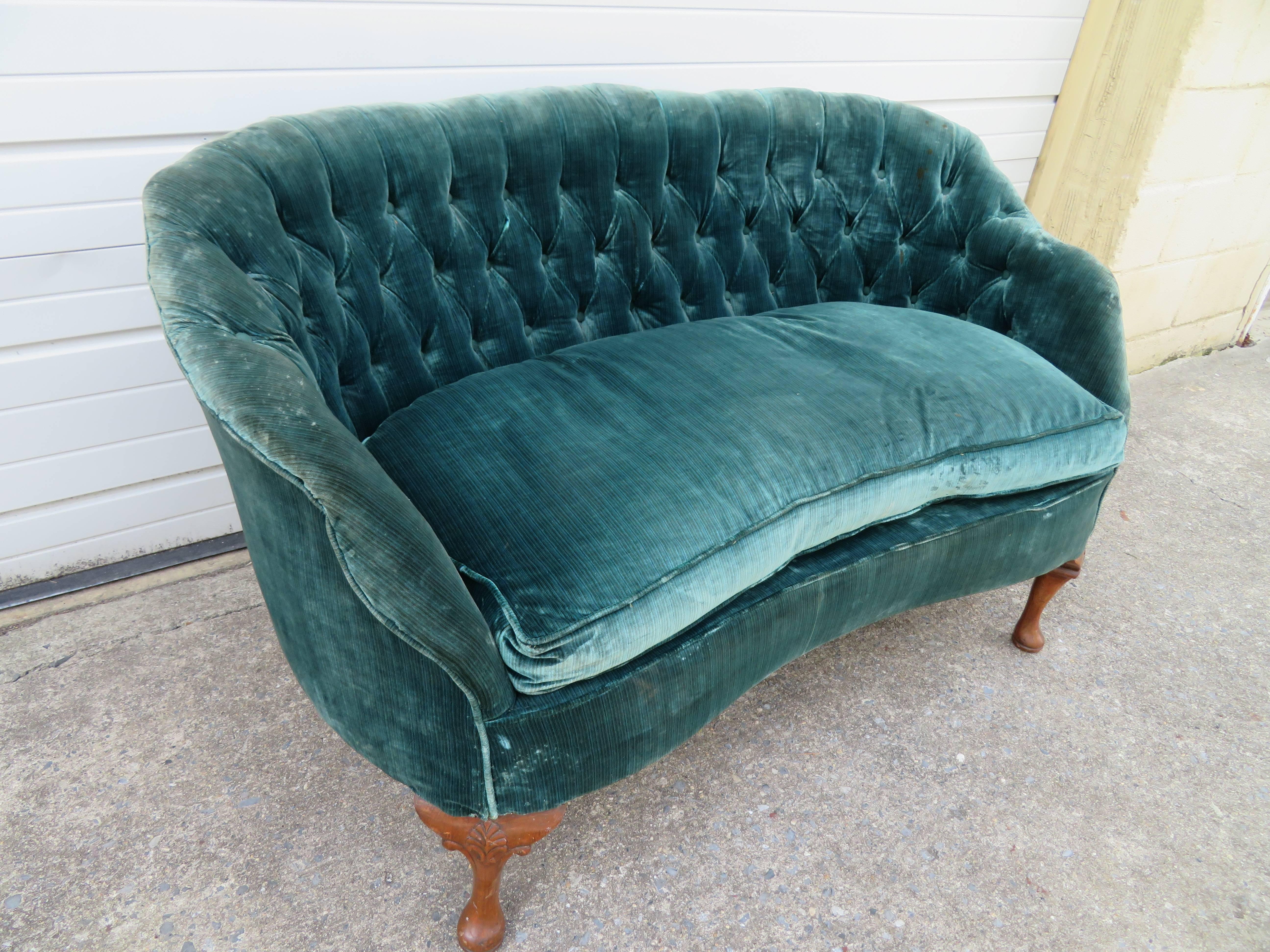 Upholstery Lovely Petite Hollywood Regency Tufted Loveseat Sofa For Sale