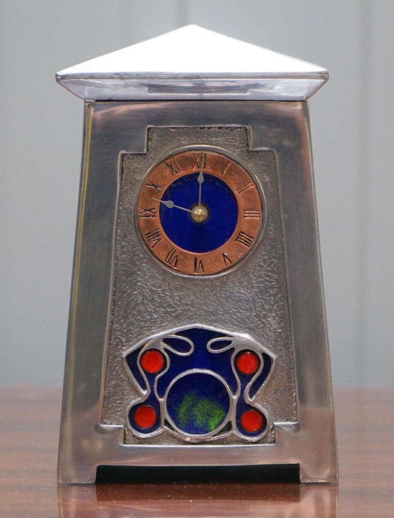 Lovely Pewter and Enamel Art Nouveau Mantle Clock Lovely Decorative