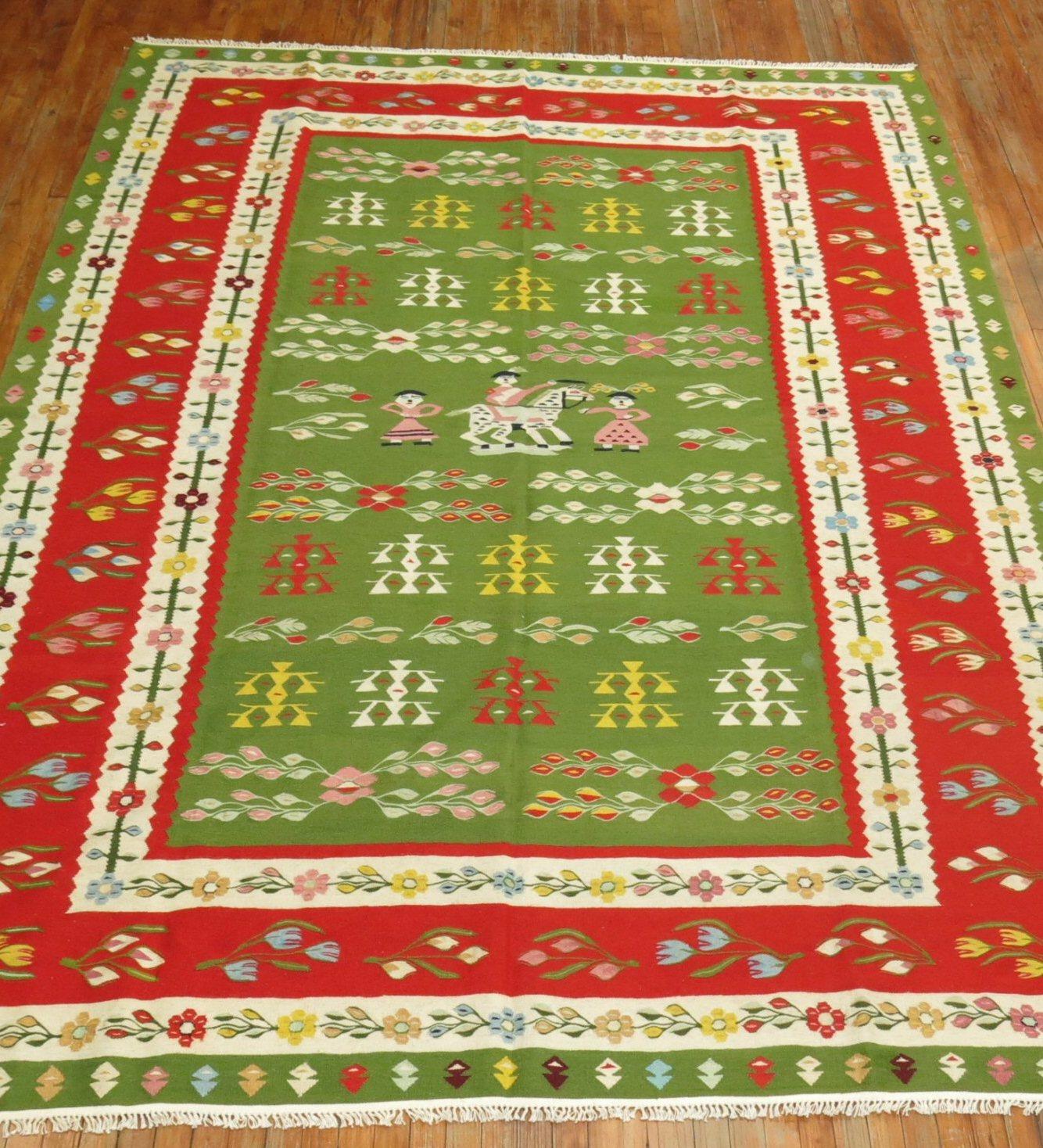 milieu du 20e siècle Lovely Room size colorful besserabian kilim with floral figurative motif in green and red

Mesures : 8'3