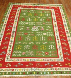 Lovely Pictorial Folk Art Green Turkish Besserabian Kilim Flat Weave