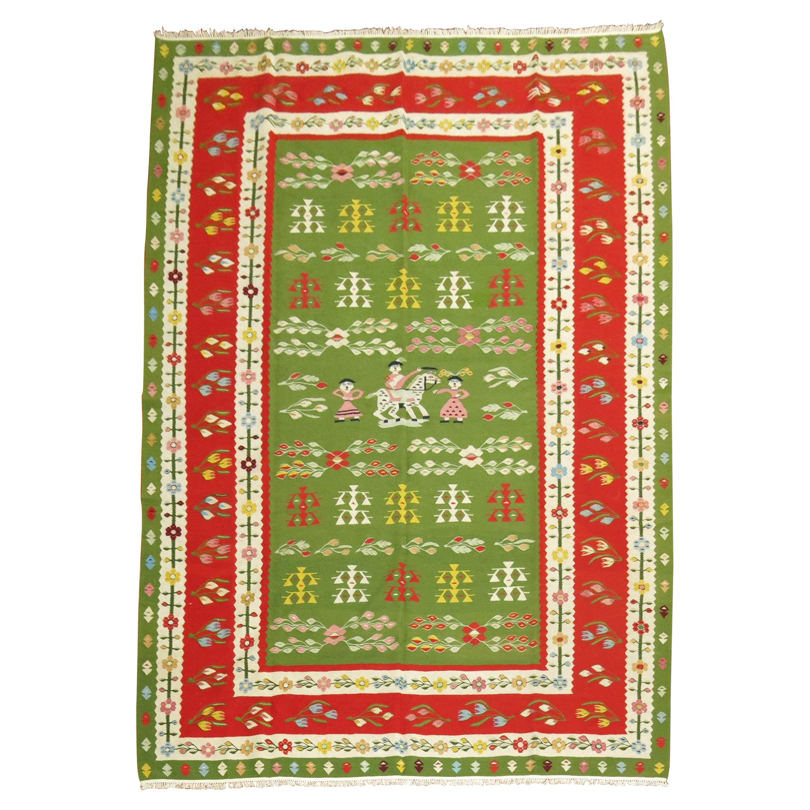 Lovely Pictorial Folk Art Green Turkish Besserabian Kilim Flat Weave