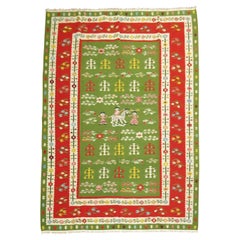 Lovely Pictorial Folk Art Green Turkish Besserabian Kilim Flat Weave